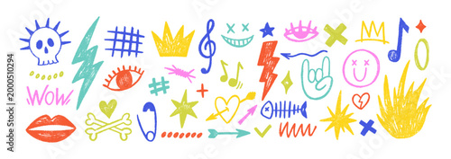 Punk rock doodle stickers with lightning bolts, hand-drawn fire flames, and eyes. Doodle color vector illustration with crayon texture.