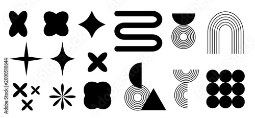 Black-and-white abstract graphic set. Geometric shapes like stars, circles, and lines. Minimalist design, clean, modern feel. Perfect for backgrounds, UI elements, or creative projects