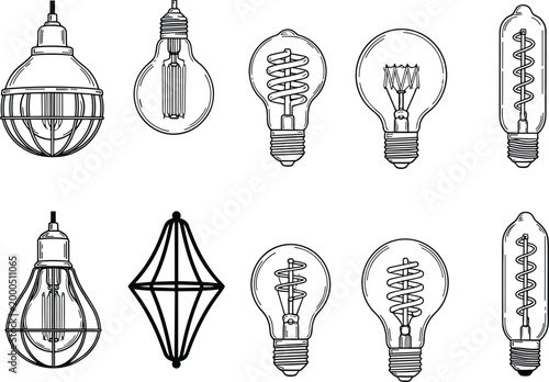 Decorative set of retro incandescent filament light bulbs with various glass shapes and industrial cage wire protectors