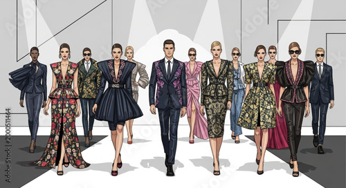 Fashionable people walking runway together.