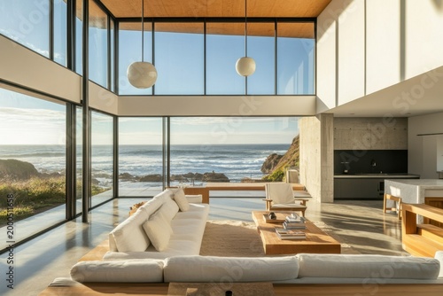 Coastal vacation home modern interior ocean view floor to ceiling window seaside house open plan room sunny living room luxury house natural light minimalist decor