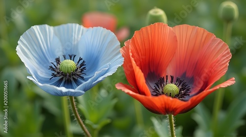 orange and blue poppy in the field