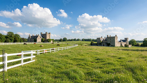 A serene view of a stone castle nestled among verdant fields under a bright sky. The castle's rustic charm is complemented by a white wooden fence.