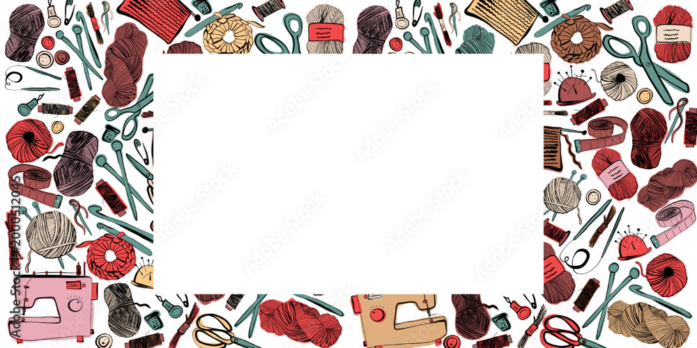 Fotografie Frame banner with tools for sewing and knitting handmade
