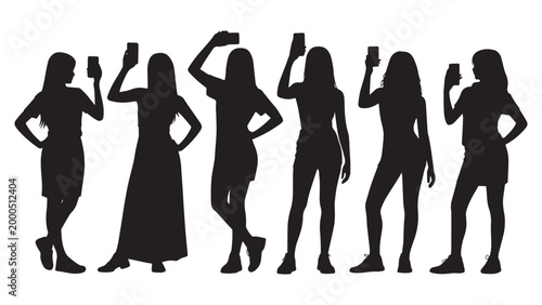 Modern silhouettes of young women holding smartphones and taking selfie photos for social media and technology themes