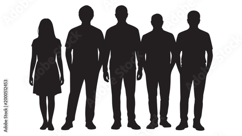 A minimalist group of men and women standing in casual poses for community teamwork and social gathering icons