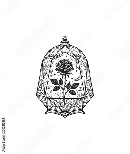 Illustrated Black Rose Encased in Geometric Glass Cage, Artistic Graphic Design, Minimalist Line Art