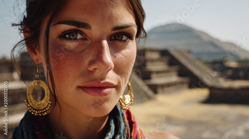 Close up portrait of a young woman wearing gold earrings with ancient pyramid ruins in the background, travel and culture concept, sunny day outdoor scene