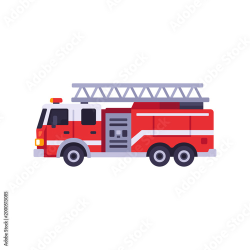 Red fire truck icon, emergency rescue vehicle with ladder, colorful illustration