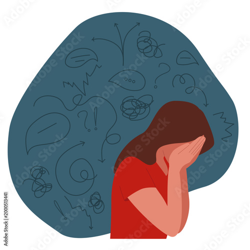 Stress, search for answers, internal dialogue , mental disorder . The woman covered her face with her hands in despair .