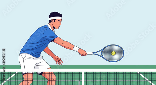 Man playing tennis, hitting ball with racket on court, flat design illustration