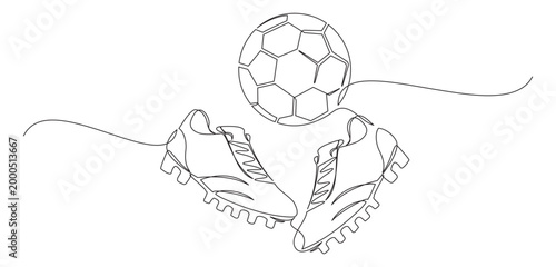 continuous line drawing of soccer shoes and soccer ball 1.eps
