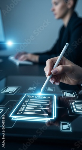 Digital Tax Invoice Document with Stylus and Blurred Business People Working