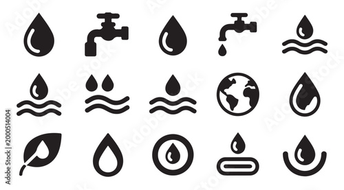Water and conservation icons: drops earth leaf and water waves.