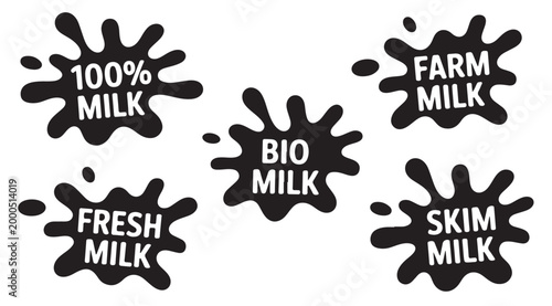 Black milk splash icons with typography for branding and dairy product packaging designs set.