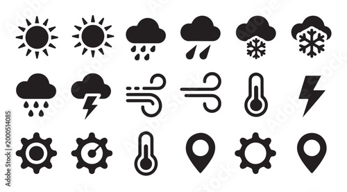 Weather icon set featuring sun cloud snowflake wind thermometer and location marker symbols.