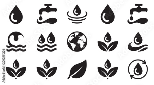 Collection of water drop icons and related nature sustainability symbols.