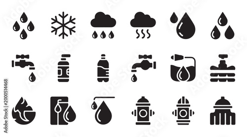 Water icon set. different elements related to liquid, rain, snow, and hydration symbol.