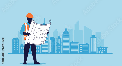 Construction worker holding blueprint with city skyline background