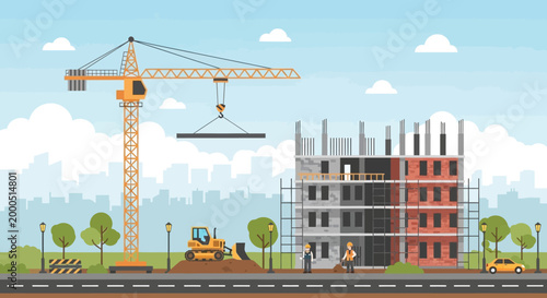 Construction site with crane, building under construction, bulldozer, workers, and city skyline