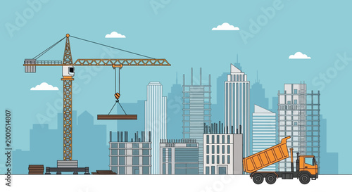 Construction site with crane, buildings under construction, and dump truck