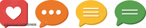 Colorful 3D speech bubble icon set featuring heart shape chat dots and text lines for social media communication feedback and online messaging interaction support.