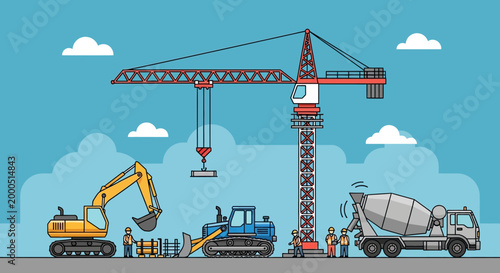 Construction Site with Crane, Excavator, Bulldozer, and Cement Mixer