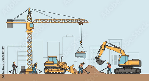 Construction site with crane, excavator, bulldozer, workers, and buildings in background