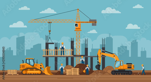 Construction site with crane, excavator, bulldozer, workers, and buildings