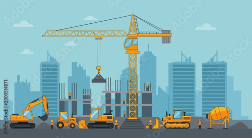 Construction Site with Crane, Excavators, and Buildings Under Construction