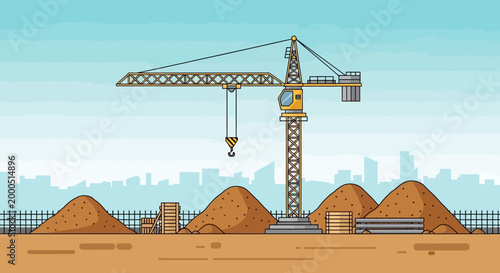 Construction site with crane, piles of sand, and building materials under a blue sky