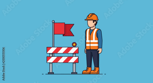 Construction worker with barrier and red flag, symbolizing project completion or obstacle