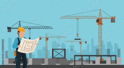 Construction worker with blueprint and cranes at building site