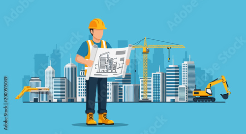 Construction worker with blueprint on city skyline background, architect planning building project