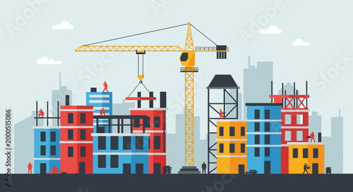 Construction site with crane and buildings under development, city skyline background