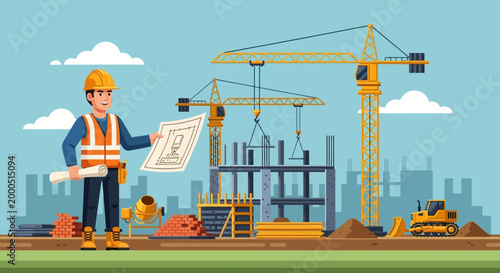 Construction worker with blueprints and cranes at building site