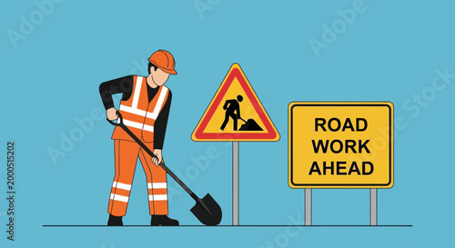 Construction worker with shovel and road work signs, road construction concept