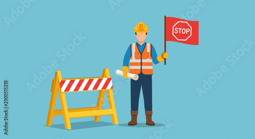 Construction worker with stop sign and barrier, safety, traffic control, road work, blueprint