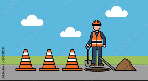 Construction worker with shovel near manhole and traffic cones, outdoor scene