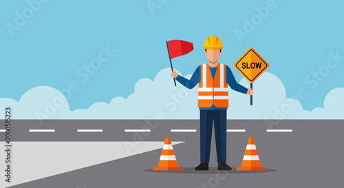 Construction worker with slow sign and red flag directing traffic on road