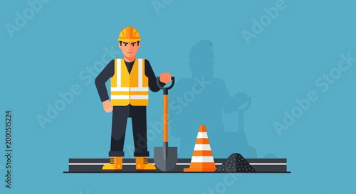 Construction worker with shovel and safety cone on road construction site