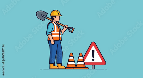 Construction worker with shovel and safety cones, warning sign.