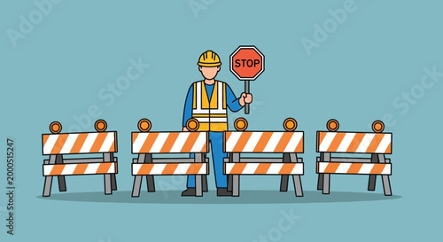 Construction worker with stop sign and barriers, road closure, safety, traffic control