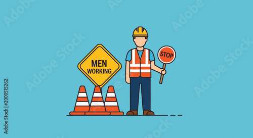 Construction worker with stop sign and cones, men working sign