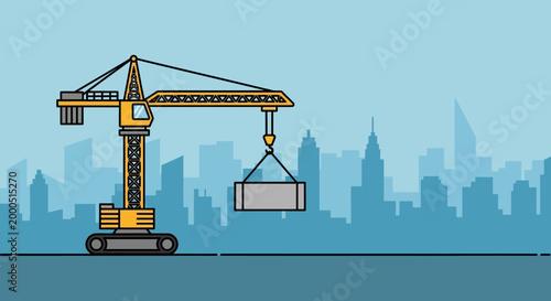 Construction crane lifting concrete block against city skyline background