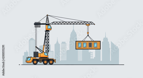 Construction Crane Lifting Container Building Module in City Skyline Background