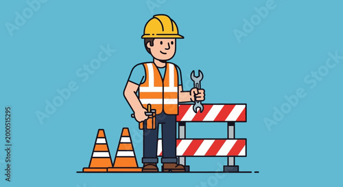 Construction worker with tools and safety equipment, standing near traffic cones and barrier