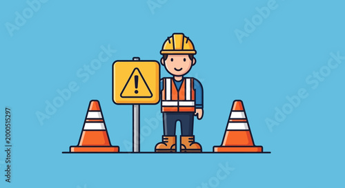 Construction Worker with Warning Sign and Traffic Cones, Safety and Roadwork Concept