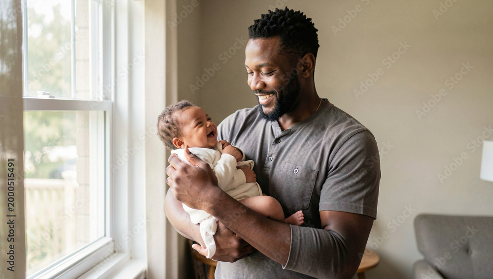 Naklejka premium A heartwarming scene of a father cherishing his first moments with his newborn baby at home by the window.