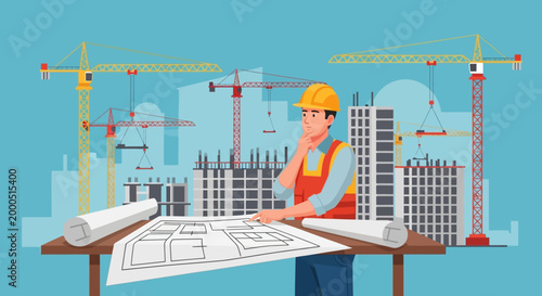 Construction Engineer Planning Building Project with Blueprints and Cranes